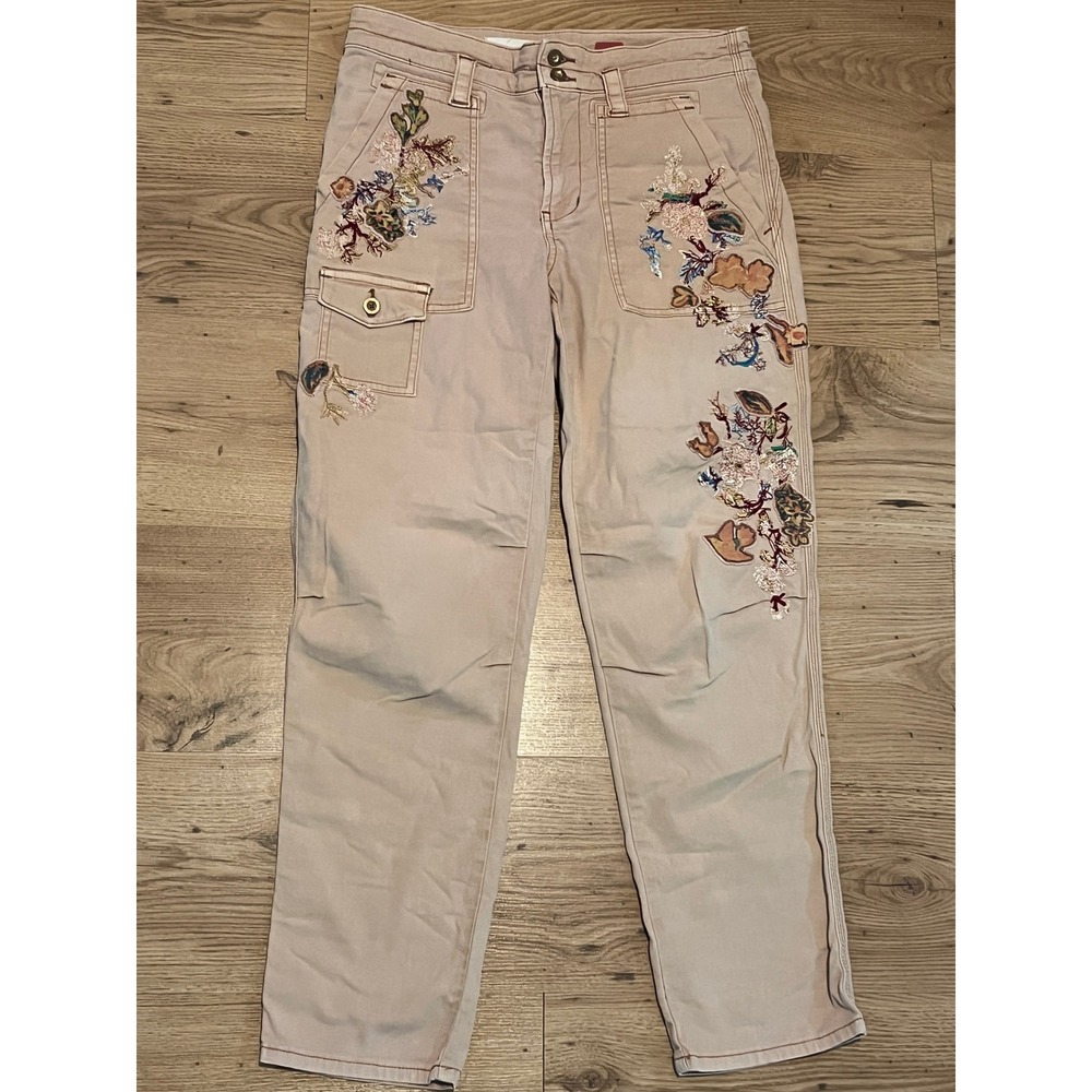 Anthropologie The Wanderer Pants Women 26 Tan Floral Embroidered Utility Boho - Picture 2 of 14